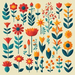 Set of Stylized Flat Design Flowers on a Soft Background