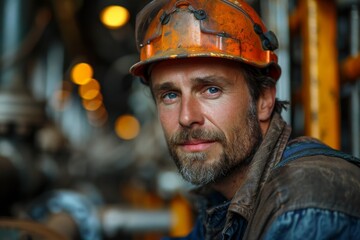 A male industrial worker with a safety helmet poses amidst machinery with a confident look