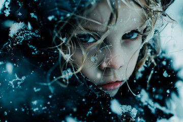 A fair-haired child with blue eyes in dark clothes, a blanket, snow and frost all around, close-up, portrait. Offended, distrustful, wary facial expression.