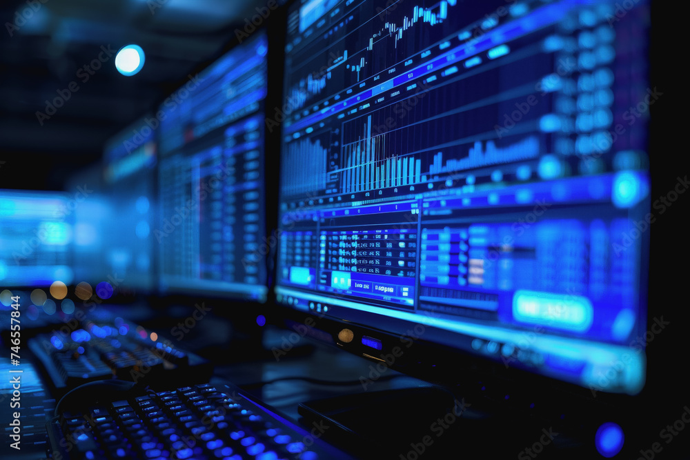Poster computer glowing forex index chart with grid on blurry background. market, finance. ai generated