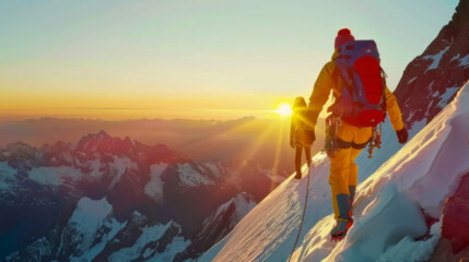 silhouette climbers manage to ascend to the summit a mountain sunset after hard teamwork,reaping the rewards collaboration to achieve common goals and accomplishments, attaining success through effort