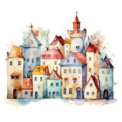 Watercolor FairyTale Town Clipart  Isolated on White