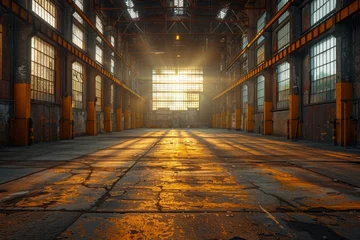 Foto op Canvas The interior of an abandoned industrial building basks in the soft glow of sunlight pouring through grand windows © svastix
