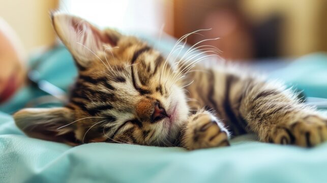 Sleeping Kitten with Whiskers in Soft Focus. A peaceful kitten with striking whiskers sleeps soundly on a soft blue blanket, a picture of tranquility and rest.