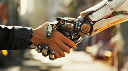 Ai hand shaking hands with a human hand. Partnership development concept.