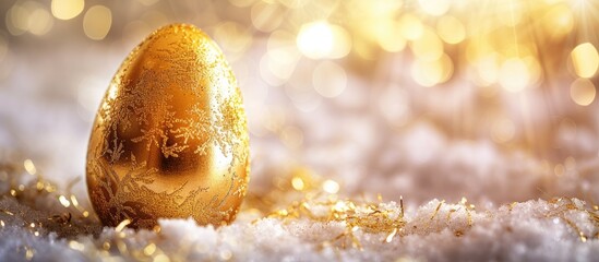 A shimmering golden egg is perfectly positioned on top of a blanket of snow, contrasting starkly against the white background. The scene captures the beauty of winter meeting the promise of new - obrazy, fototapety, plakaty