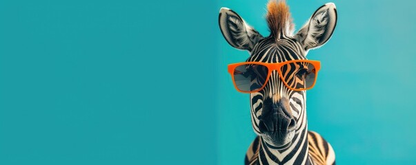  Stylish zebra with orange sunglasses on a cyan background  