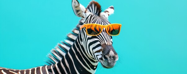  Stylish zebra with orange sunglasses on a blue background  