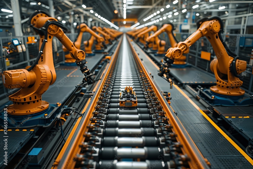 Poster a view of industrial automation with robotic arms engaged in high-precision tasks along a production
