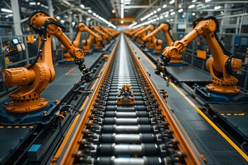 A view of industrial automation with robotic arms engaged in high-precision tasks along a production line - obrazy, fototapety, plakaty