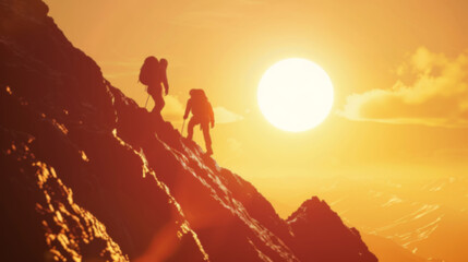 silhouette climbers manage to ascend to the summit a mountain sunset after hard teamwork,reaping the rewards collaboration to achieve common goals and accomplishments, attaining success through effort