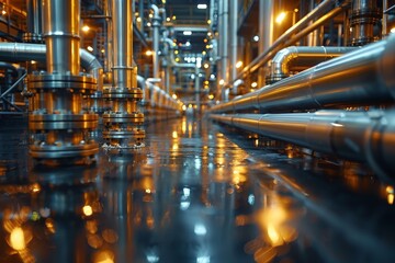 Detailed close-up of shiny metal pipelines and valves in an industrial setting