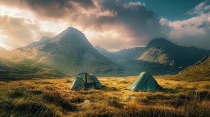photo Two Tents pitched up in the Highlands. Camping / Active Lifestyle Concept with Dramatic Mountain Scenery. --ar 16:9 --v 6 Job ID: b3a08e68-0c25-4818-ba12-f1937159a86b