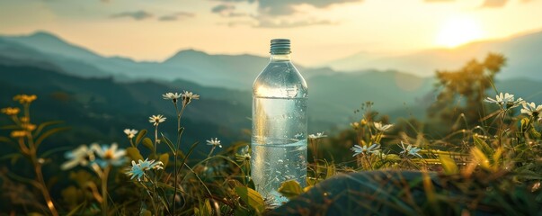 Scenic backdrop accentuates a water bottle, endorsing the purity of mineral water. Advertisement for a healthy and natural drink choice. - obrazy, fototapety, plakaty