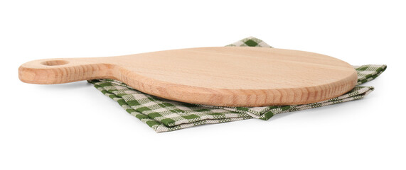 Wooden cutting board and napkin isolated on white