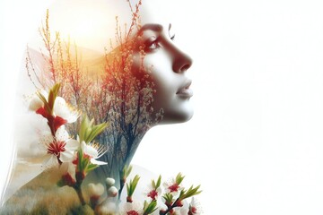 Abstract double exposure portrait beautiful young woman face with flowering trees. Unity woman beauty with nature, spring concept.