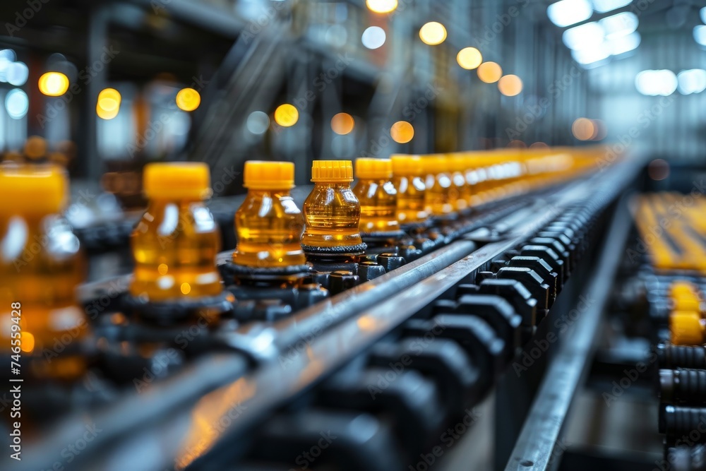Poster conveyor belt in a production line with a close-up on a row of plastic bottles filled with orange li