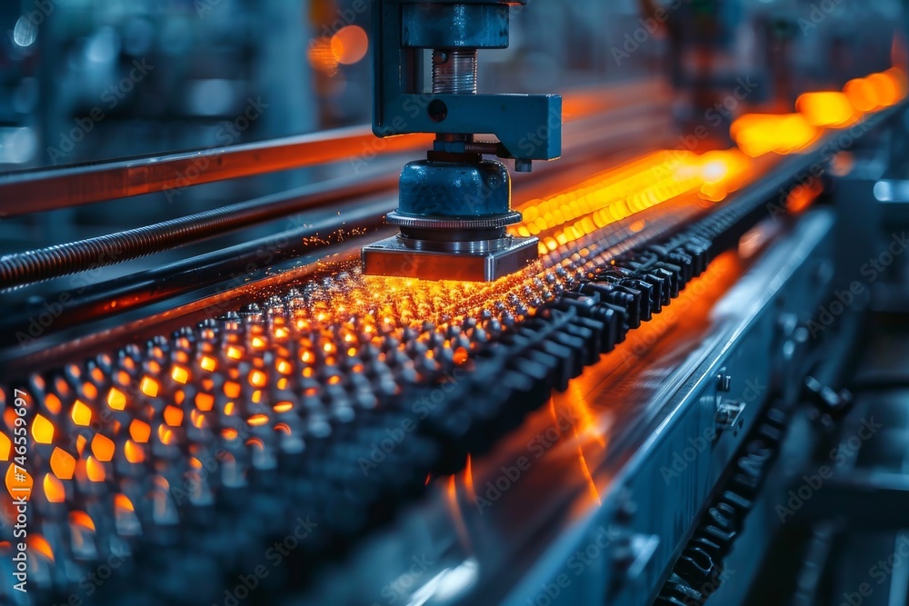 Poster a robotic arm in a factory setting handling hot, glowing metal parts with precision, showcasing mode