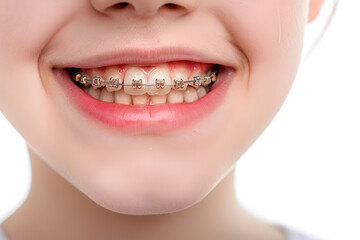 Obraz premium Closeup of smiling kid mouth with dental braces
