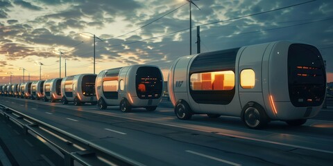 Autonomous electric pods in convoy at sunset. Futuristic city transportation concept. Smart public transit solution for design and advertising - obrazy, fototapety, plakaty