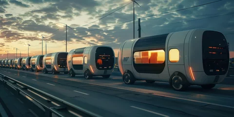 Foto op Canvas Autonomous electric pods in convoy at sunset. Futuristic city transportation concept. Smart public transit solution for design and advertising © ANStudio
