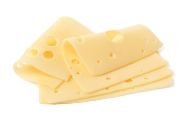 Slices of tasty fresh cheese isolated on white