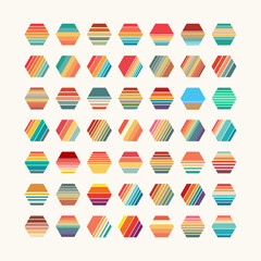 Hexagon shape collection, sunset striped retro gradient. Six-sided polygon ombre with sunrise vintage colors. Abstract beehive honeycomb.  Geometric background, vector illustration, isolated objects © Alena