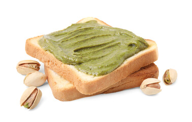Toasts with tasty pistachio cream and nuts isolated on white