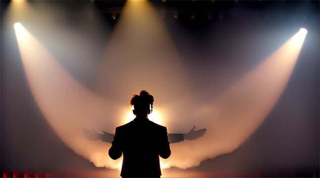 Silhouette of a person standing and pleading with God on a dark background.