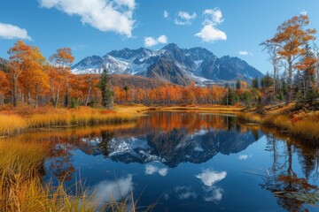 Breathtaking view of a serene lake surrounded by vibrant autumn trees and majestic snow-capped mountains