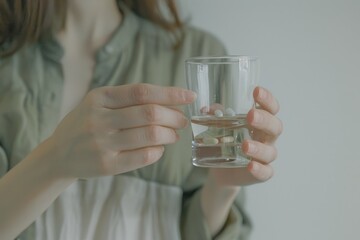 A woman with a glass of water in one hand and a pill in the other, light white style, selective focus