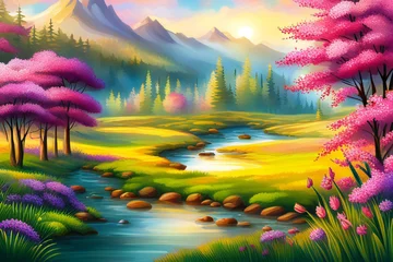 Foto op Canvas Nature. Cute illustration spring landscape, meadow field flowers and mountains for poster, background or cover. © Любовь Переславцева