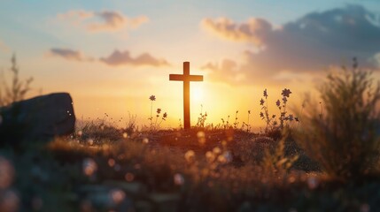 Fototapeta premium Christian cross on hill outdoors at sunset. Crucifixion Of Jesus
