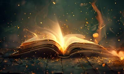 An open book with sparks and glowing pages on a dark background. The concept of the magic of knowledge and education.