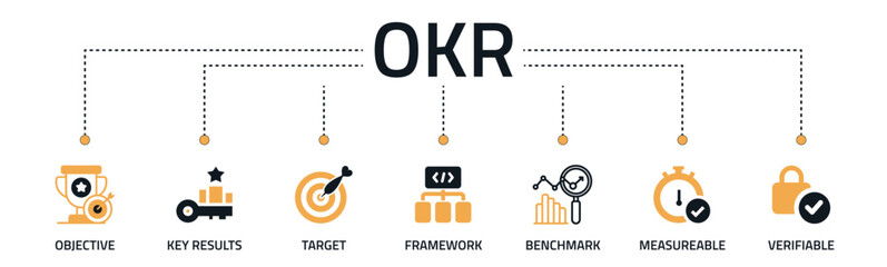 OKR banner web icon vector illustration concept for objectives and key results with icon of objective, key results, target, framework, benchmark, measurable, and verifiable