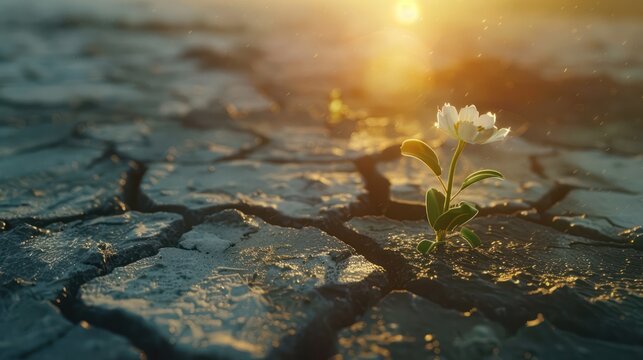 A small flower growing on a cracked asphalt road glistens in the light of the setting sun. Success concept suitable for life and hard work.