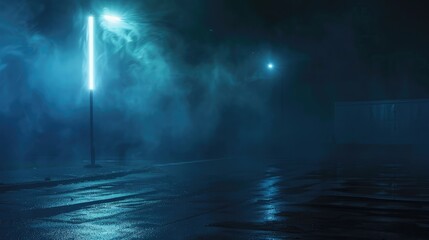 Dark empty scene, blue neon searchlight light, wet asphalt, smoke, night view, rays.
