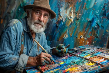 Elderly artist with a white beard deeply engrossed in his colorful painting process