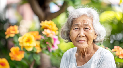 Asian senior woman  with a smile sitting in garden.