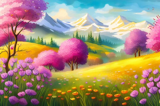 Nature. Cute illustration spring landscape, meadow field flowers and mountains for poster, background or cover.