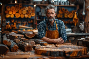 Skilled craftsman posing confidently with his arms crossed in a rustic woodworking workshop