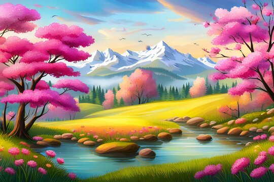 Beautiful spring landscape. magnificent blooming forest glade flowers with stunning mountains in background.