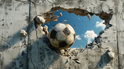 football hits through a cement wall. concept of strength