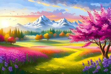 Spring landscape with blossoming trees, fields and mountains in the background.