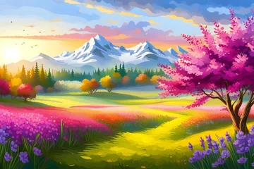 Poster Spring landscape with blossoming trees, fields and mountains in the background. © Любовь Переславцева