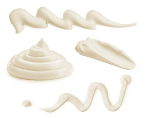 Tasty mayonnaise sauce isolated on white, set