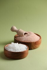 Different salt in bowls and scoop on green background