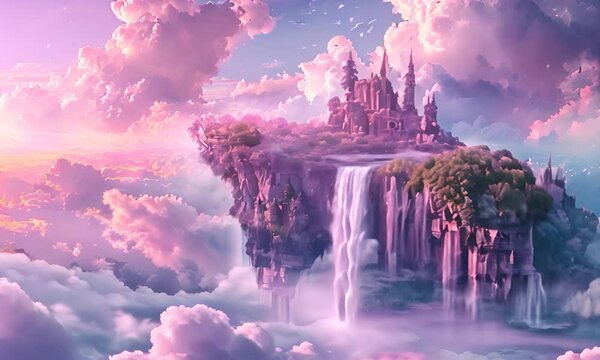 Fantasy castle hanging in the clouds on a waterfall. The concept of a fantasy world.