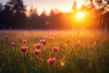 Fotobehang a field of flowers with the sun setting in the background © TheThao