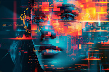 Futuristic cyber face overlay with digital elements, concept of AI and technology innovation